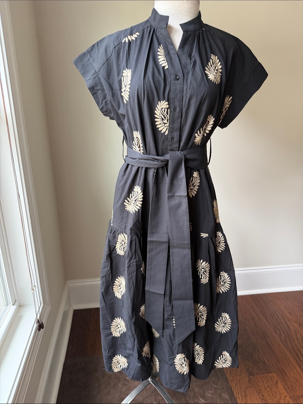 Gracia Black Midi Dress with Cream Floral Embroidery and Waist Sash